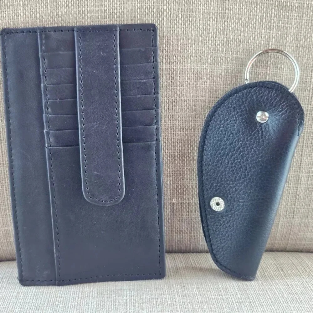 Long Wallet and Keychain Black Genuine Leather Card Holder Keys Holder Fob